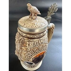 Great American Wildlife Beer Stein Ceramic Lidded Eagle Finial Bear Wolf Ram